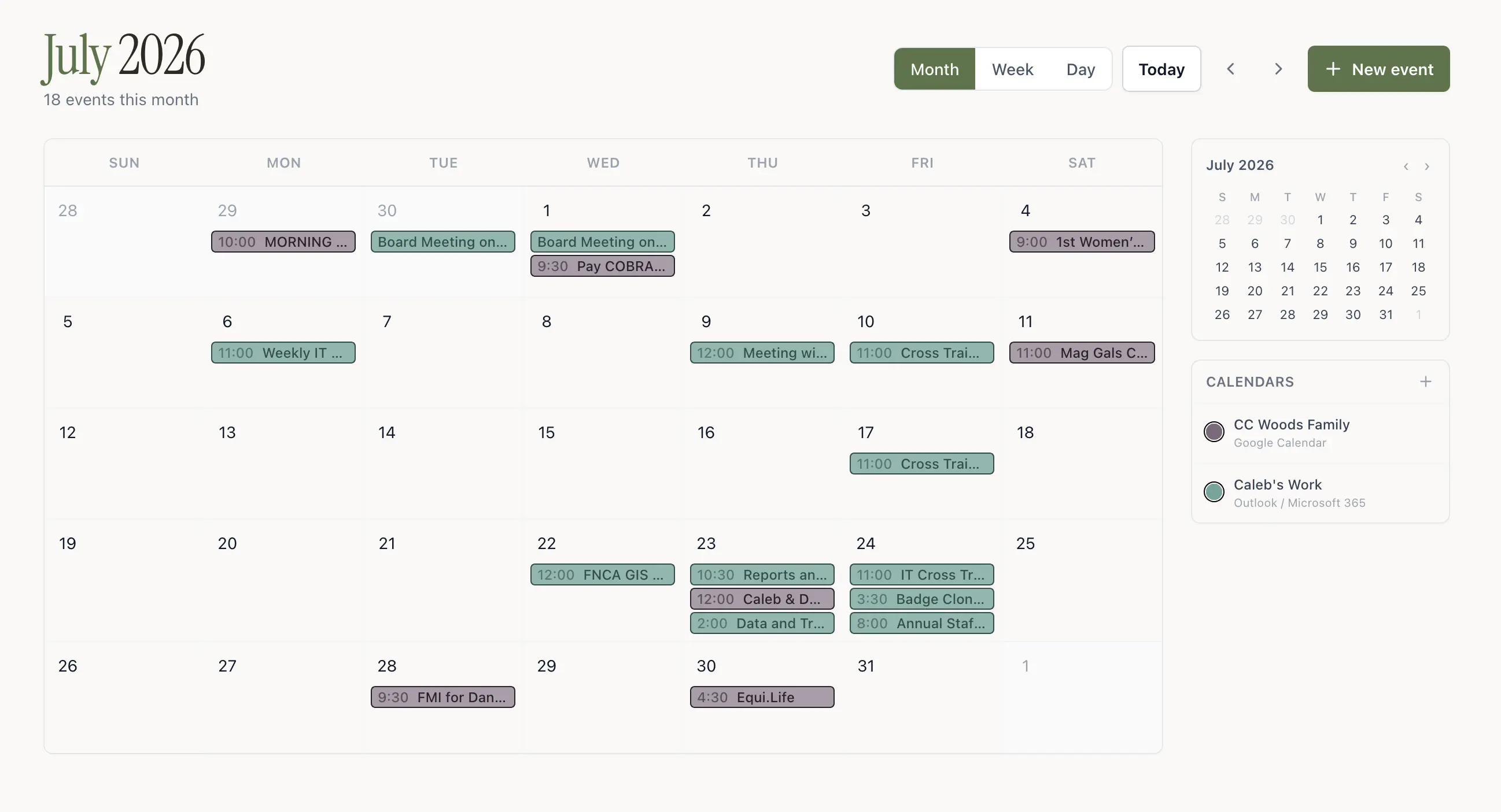 A month view calendar with multiple synced family calendars in HomemakersHaven