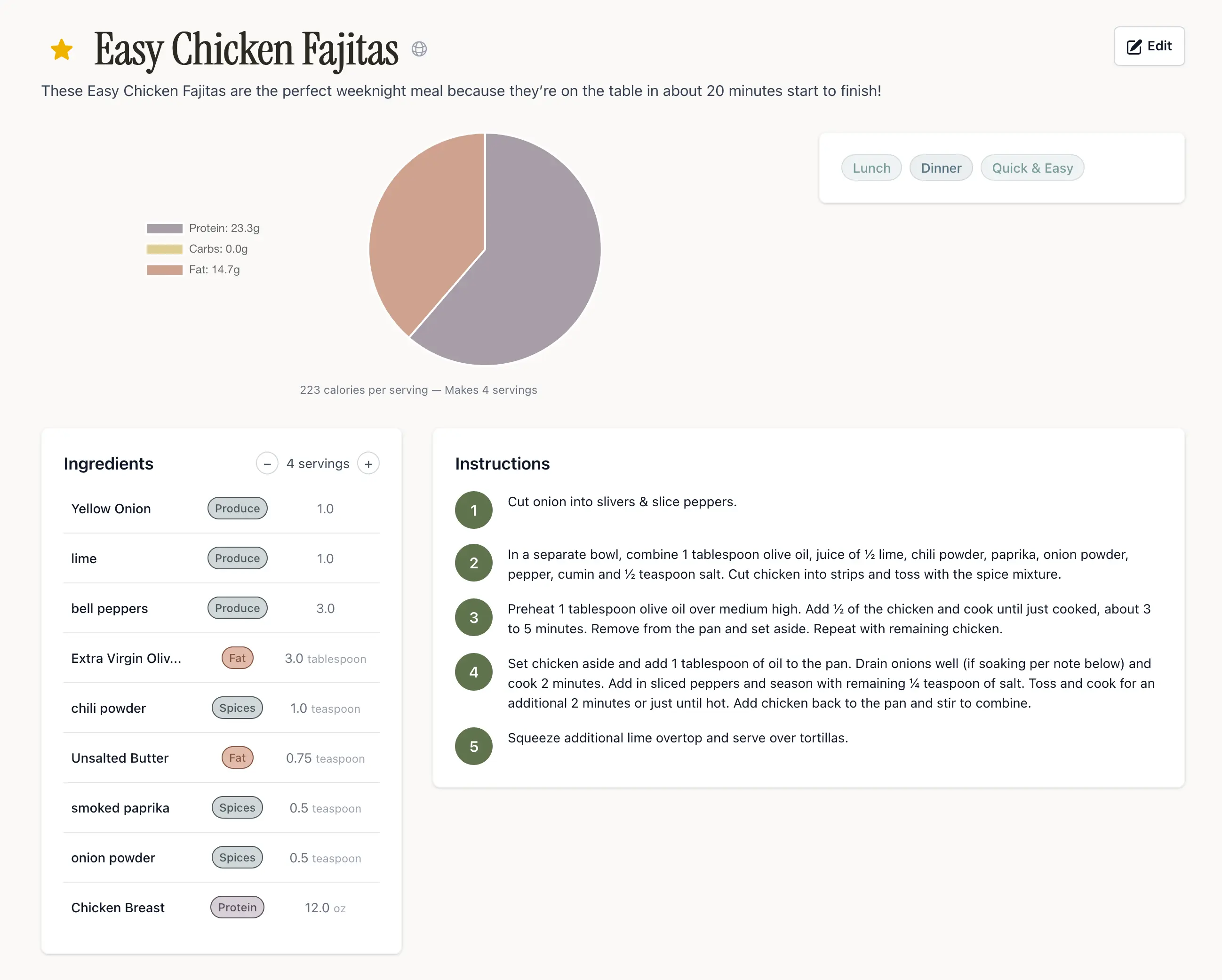 A recipe page in HomemakersHaven showing ingredients, instructions, and nutrition